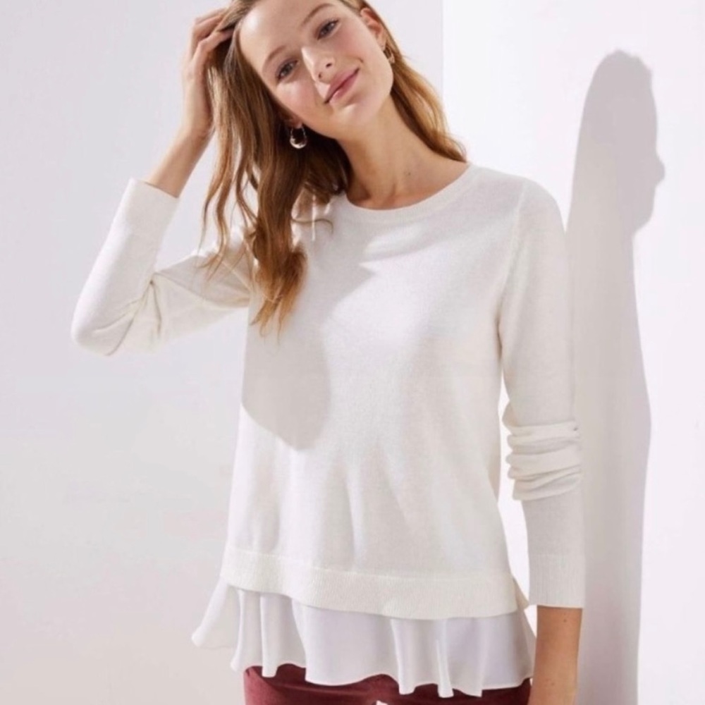 LOFT Mixed Media Ruffle Hem Sweater in Ivory, Size S